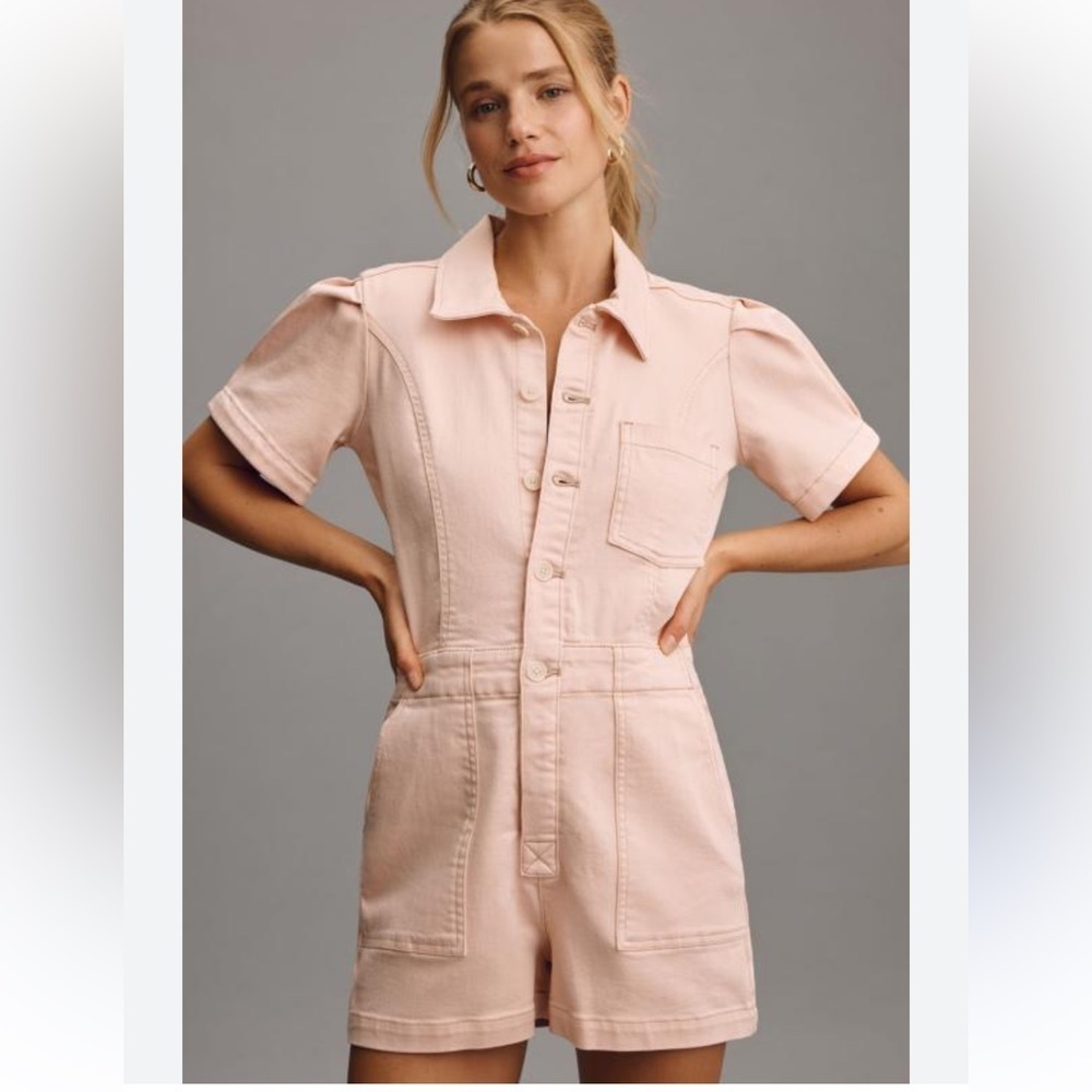 ANTHROPOLOGIE PILCRO PUFF SLEEVE PETAL PINK BUTTON FRONT ROMPER SIZE 8 - Picture 2 of 10